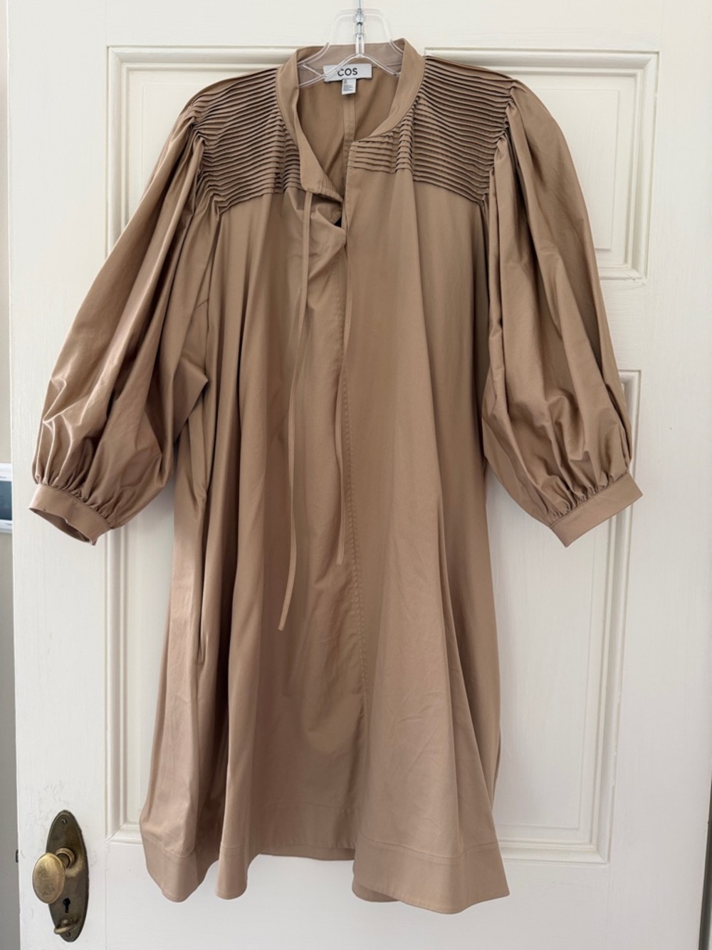 COS Tan Pleated-Yoke Balloon Sleeve Mini Dress